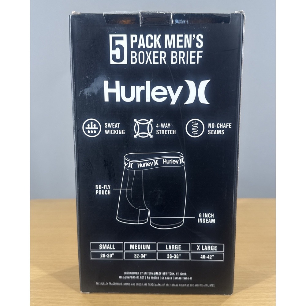 Hurley Mens Medium Regrind Boxer Briefs Sweat Wicking Stretch 5 Pack 6" Seam - Picture 2 of 5